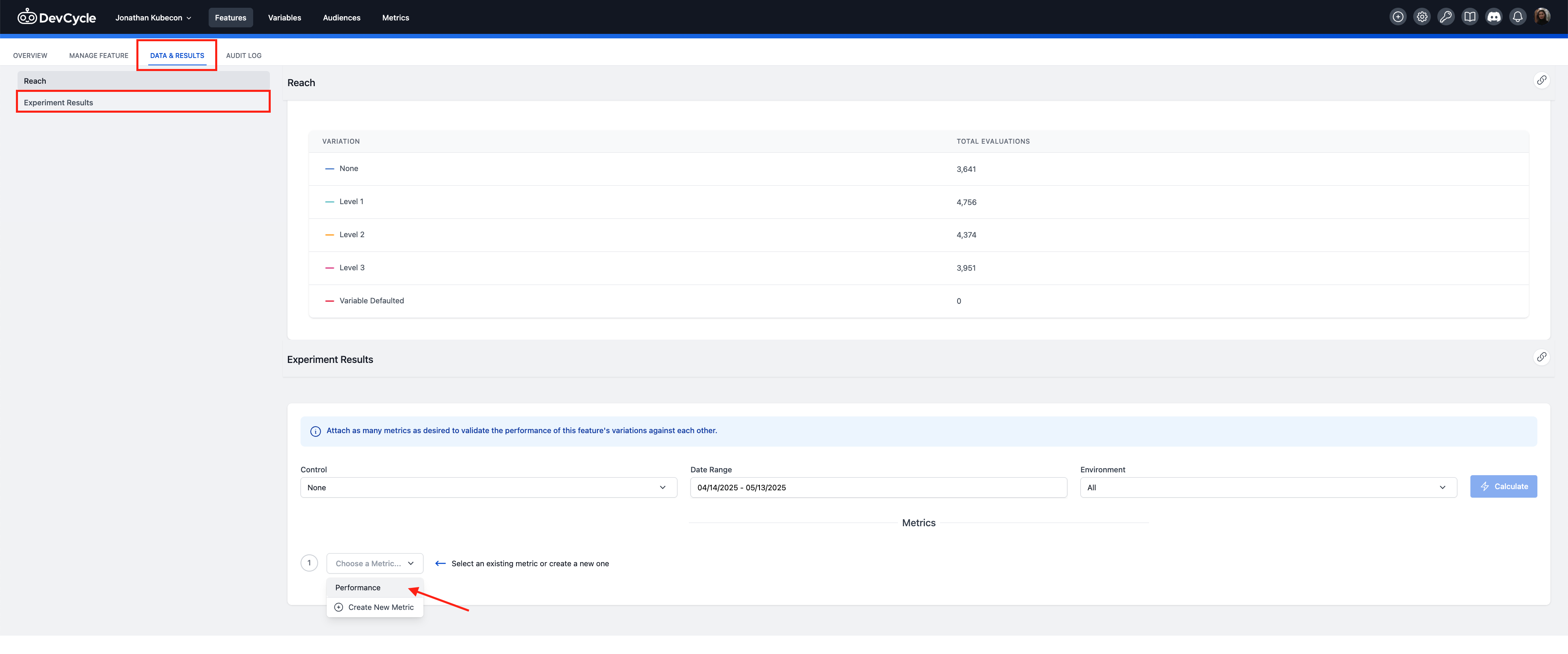 Comparative Analysis tab within a DevCycle feature's Data & Results view